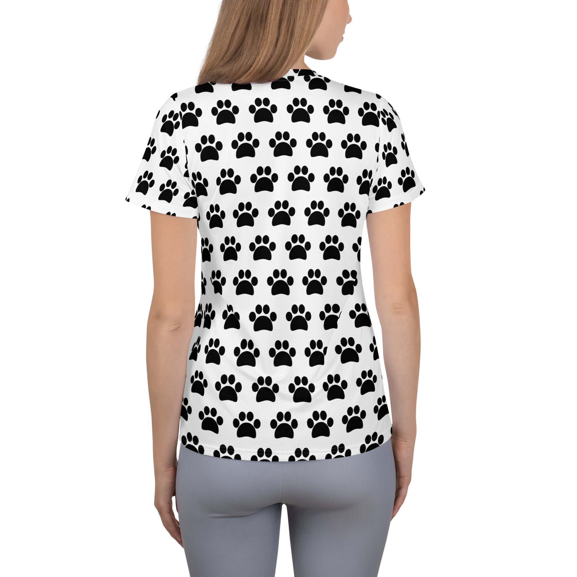 Women’s White Paw Print Athletic T-Shirt - Lightweight Moisture Wicking Workout Top With UPF 50+