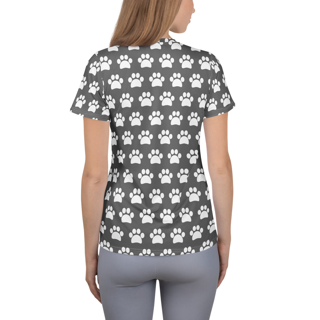 Women’s Gray Paw Print Athletic T-Shirt - Lightweight Moisture Wicking Workout Top With UPF 50+