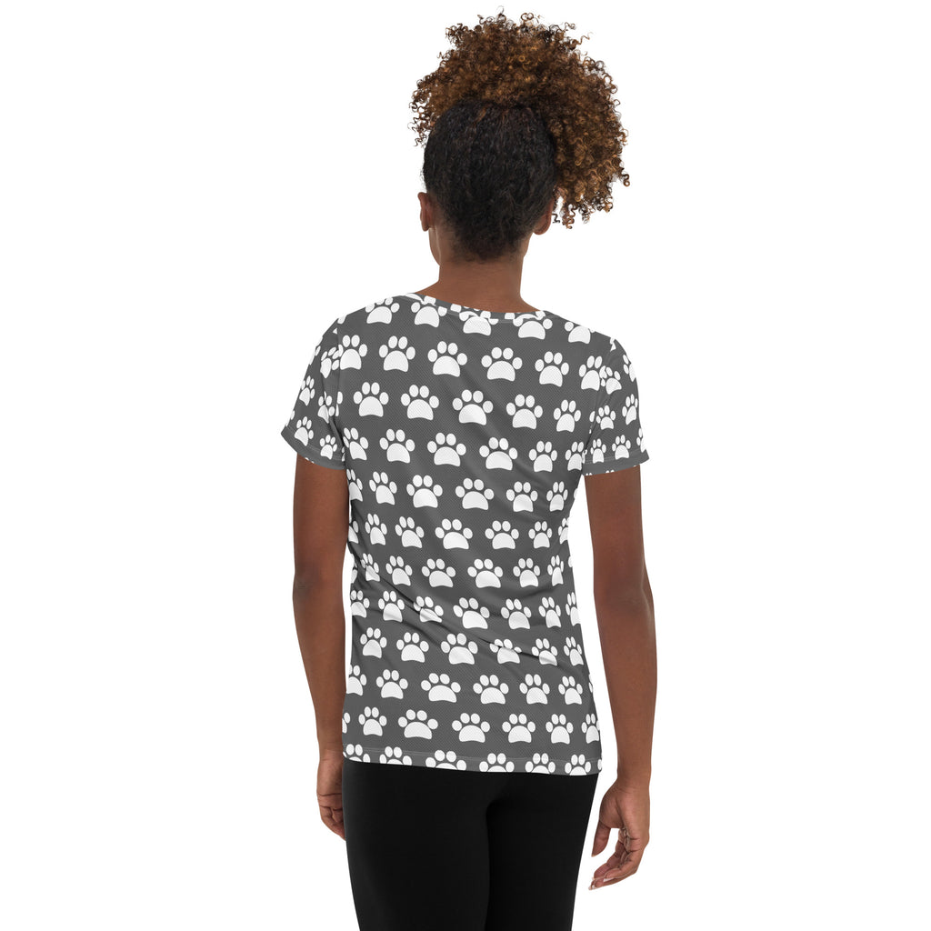 Women’s Gray Paw Print Athletic T-Shirt - Lightweight Moisture Wicking Workout Top With UPF 50+