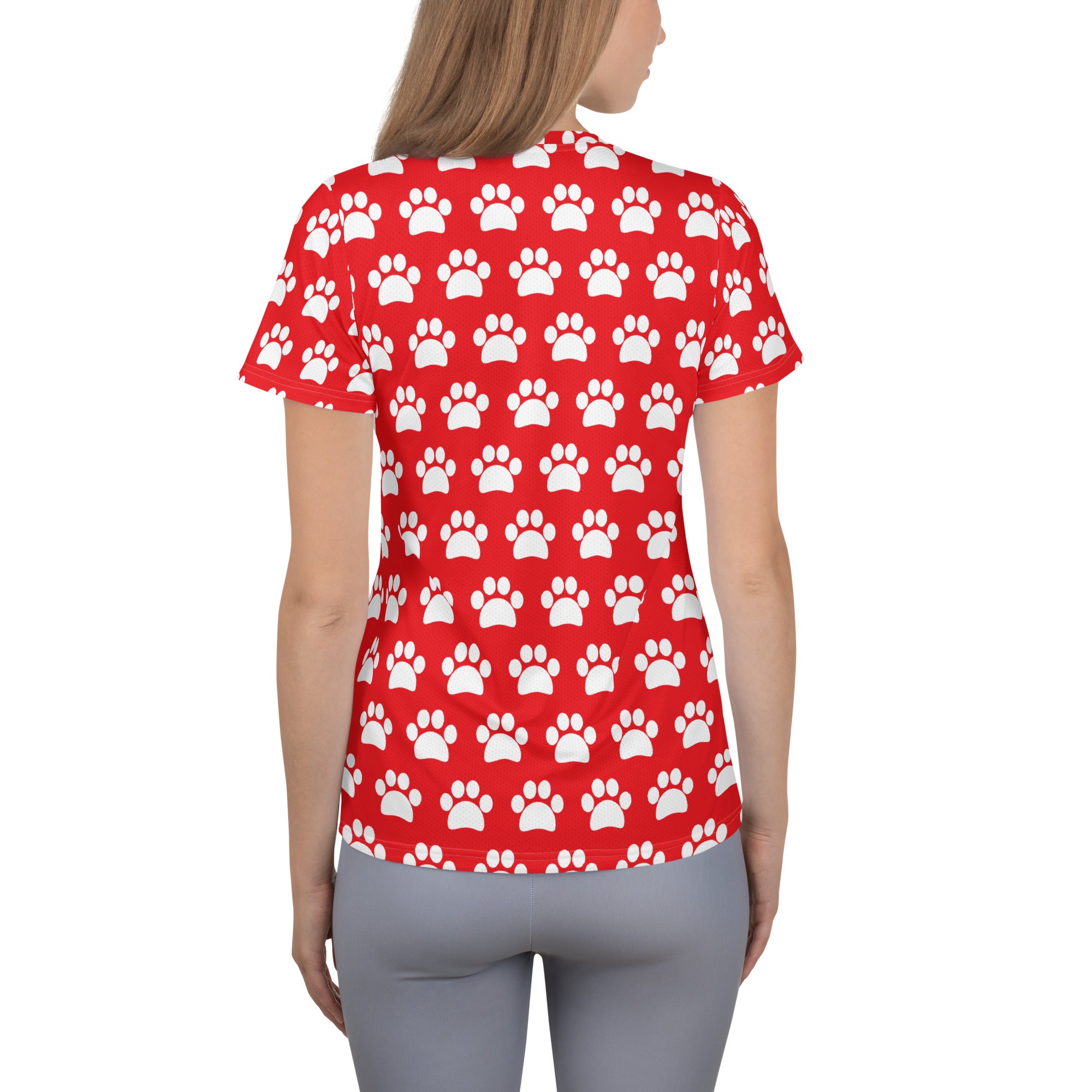 Women’s Red Paw Print Athletic T-Shirt - Lightweight Moisture Wicking Workout Top With UPF 50+