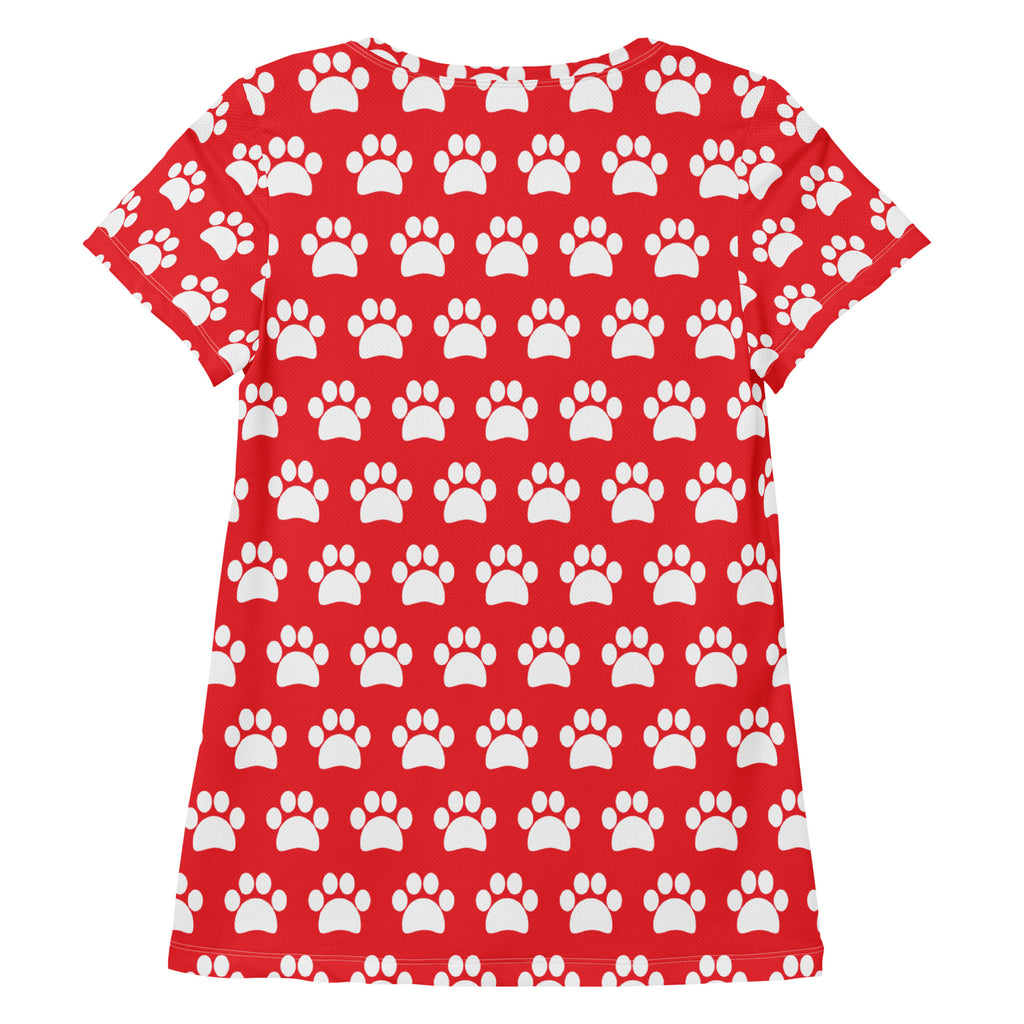 Women’s Red Paw Print Athletic T-Shirt - Lightweight Moisture Wicking Workout Top With UPF 50+