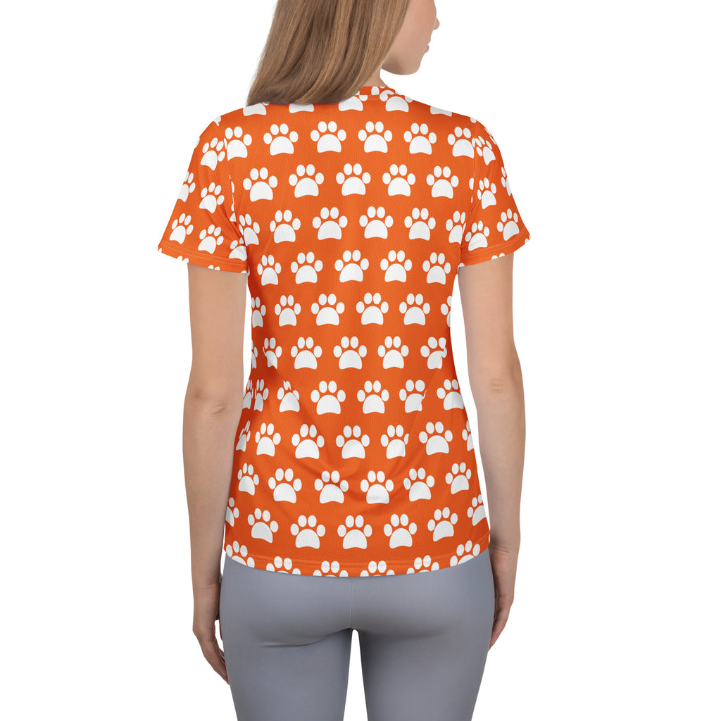 Women’s Orange Paw Print Athletic T-Shirt - Lightweight Moisture Wicking Workout Top With UPF 50+