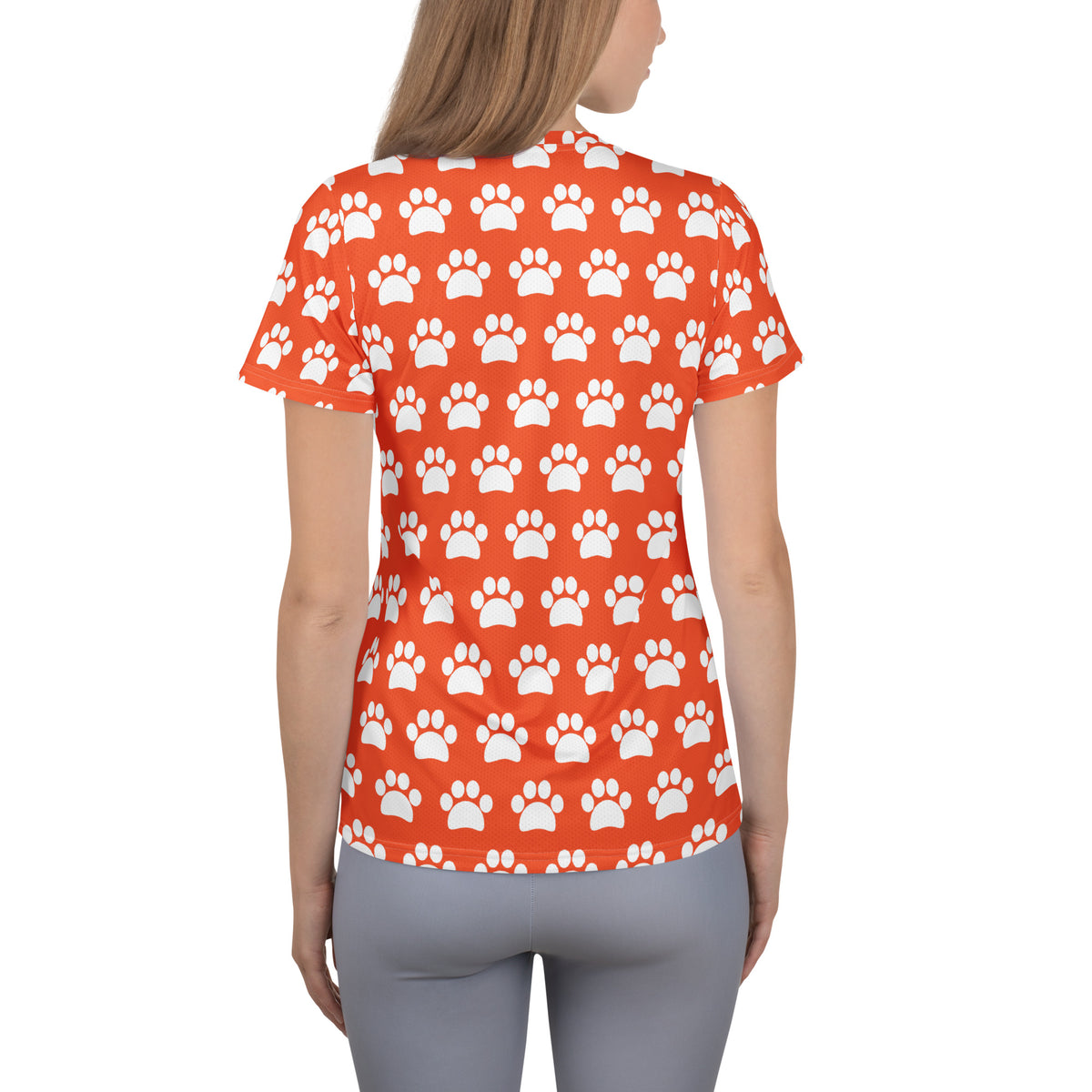Women’s Bright Orange Paw Print Athletic T-Shirt - Lightweight Moisture Wicking Workout Top With UPF 50+