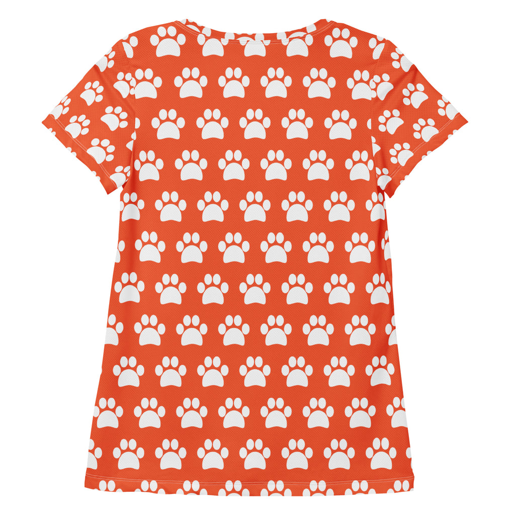 Women’s Bright Orange Paw Print Athletic T-Shirt - Lightweight Moisture Wicking Workout Top With UPF 50+