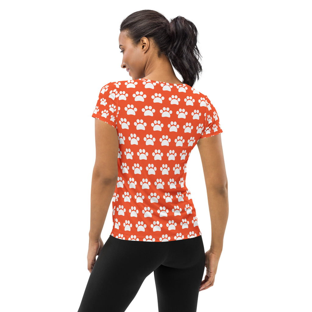 Women’s Bright Orange Paw Print Athletic T-Shirt - Lightweight Moisture Wicking Workout Top With UPF 50+