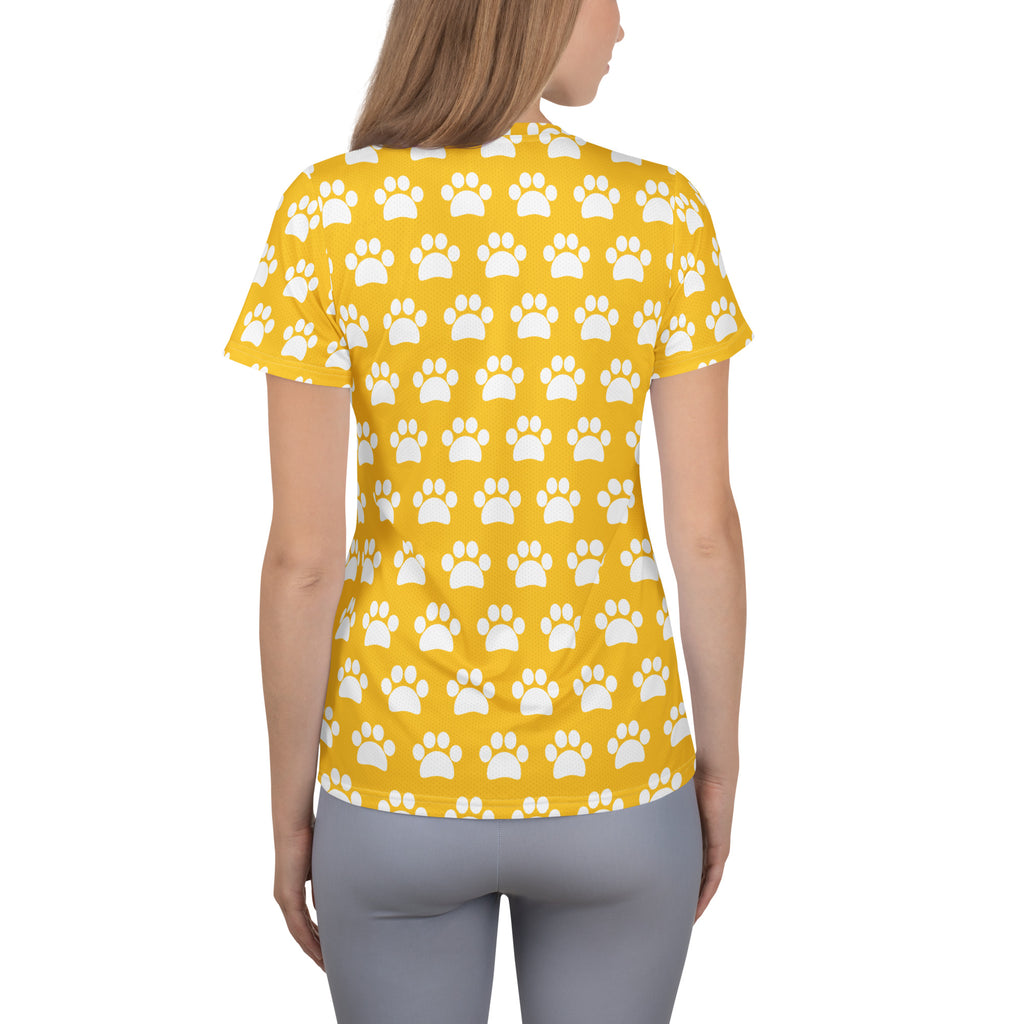 Women’s Yellow Paw Print Athletic T-Shirt - Lightweight Moisture Wicking Workout Top With UPF 50+