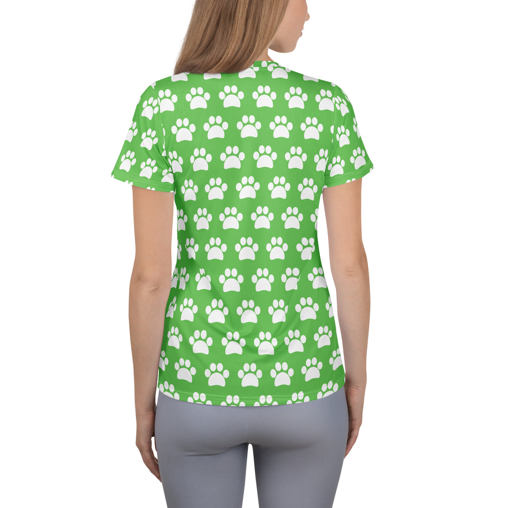 Women’s Green Paw Print Athletic T-Shirt - Lightweight Moisture Wicking Workout Top With UPF 50+