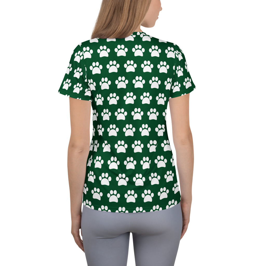 Women’s Forest Green Paw Print Athletic T-Shirt - Lightweight Moisture Wicking Workout Top With UPF 50+
