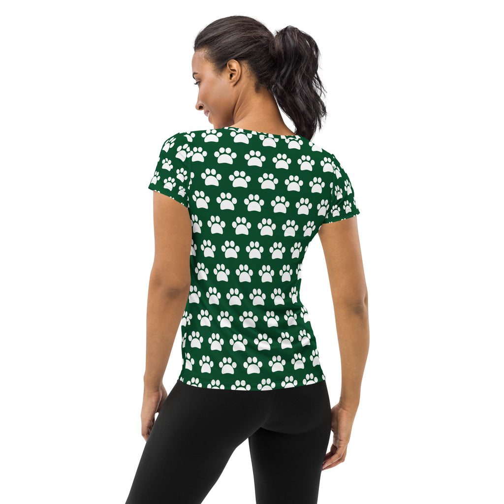 Women’s Forest Green Paw Print Athletic T-Shirt - Lightweight Moisture Wicking Workout Top With UPF 50+