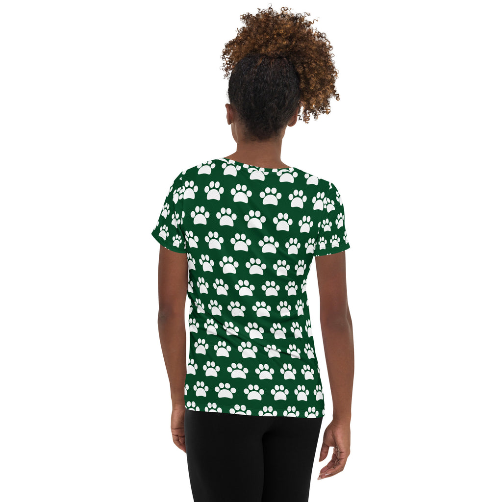 Women’s Forest Green Paw Print Athletic T-Shirt - Lightweight Moisture Wicking Workout Top With UPF 50+
