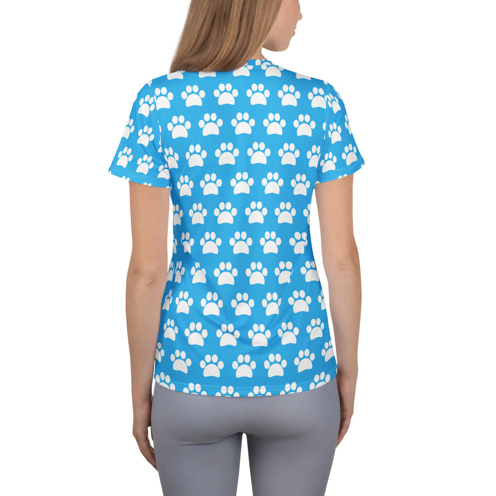 Women’s Light Blue Paw Print Athletic T-Shirt - Lightweight Moisture Wicking Workout Top With UPF 50+
