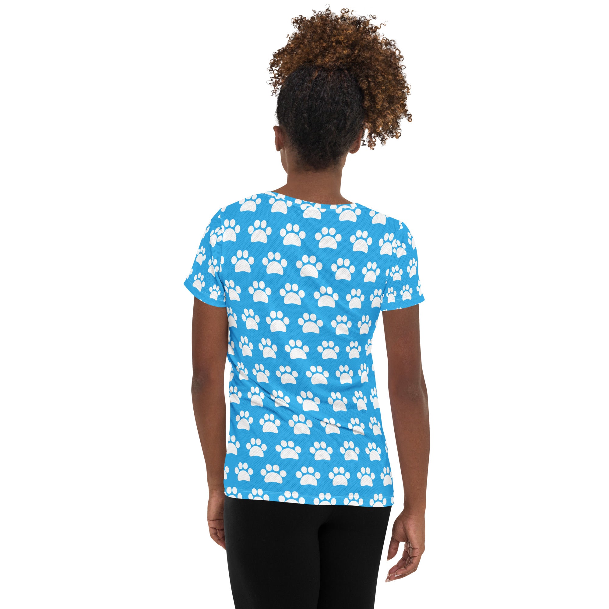 Women’s Light Blue Paw Print Athletic T-Shirt - Lightweight Moisture Wicking Workout Top With UPF 50+