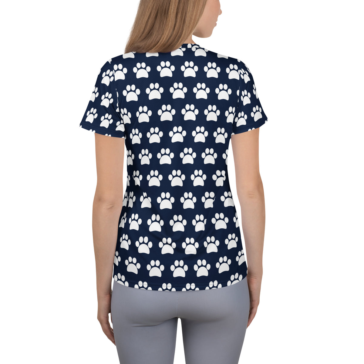 Women’s Navy Blue Paw Print Athletic T-Shirt - Lightweight Moisture Wicking Workout Top With UPF 50+