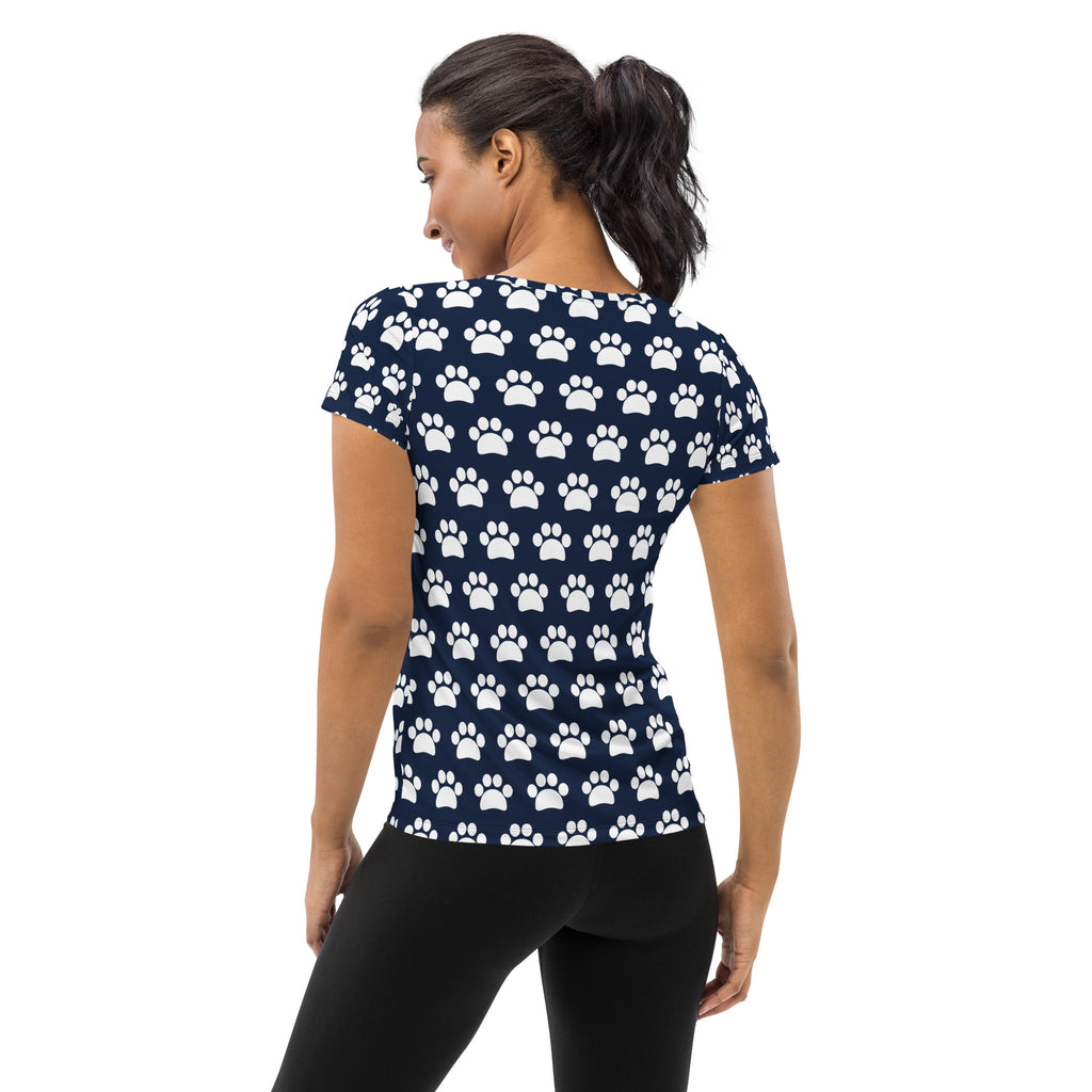 Women’s Navy Blue Paw Print Athletic T-Shirt - Lightweight Moisture Wicking Workout Top With UPF 50+