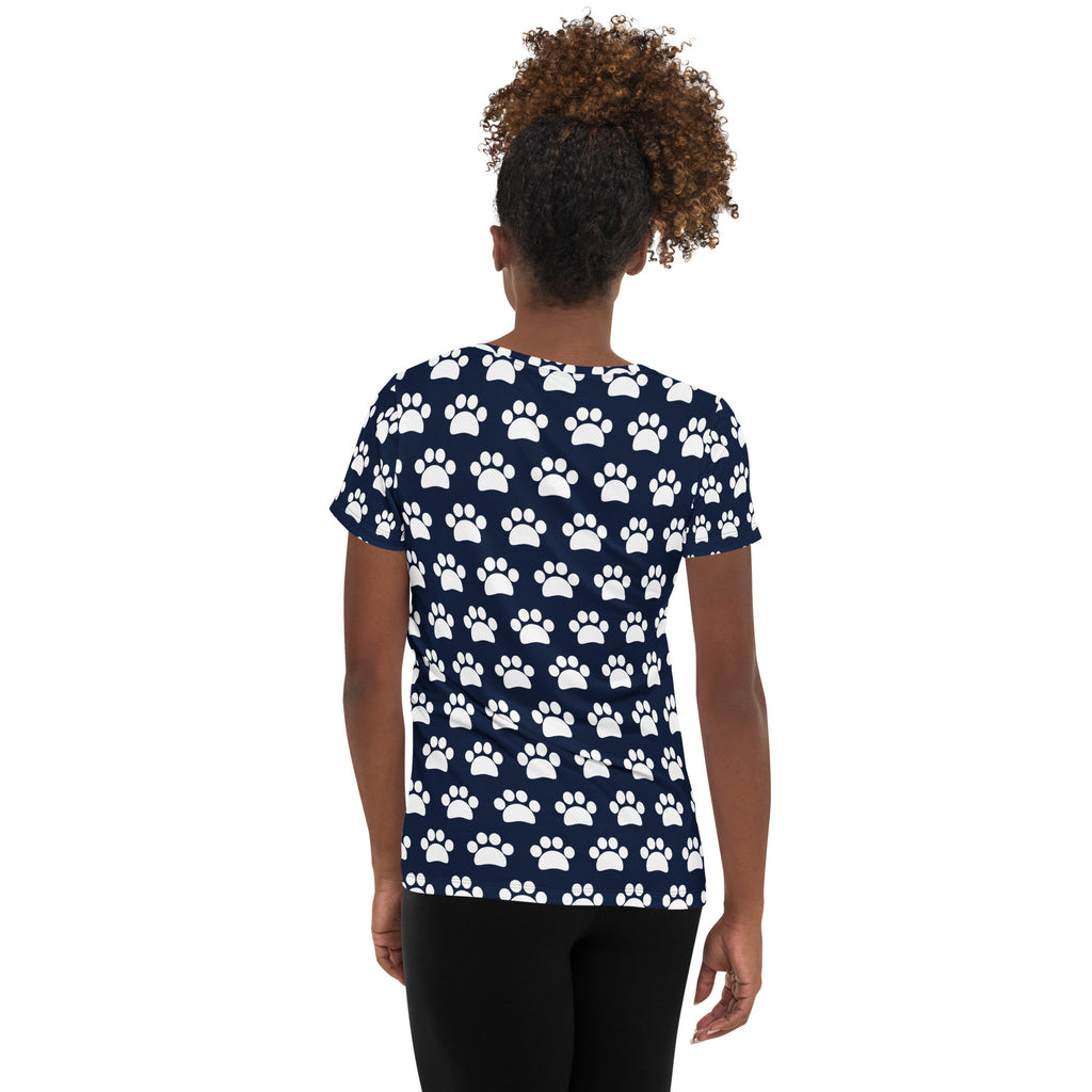 Women’s Navy Blue Paw Print Athletic T-Shirt - Lightweight Moisture Wicking Workout Top With UPF 50+
