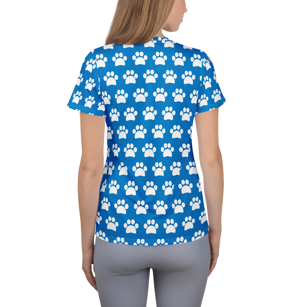 Women’s Royal Blue Paw Print Athletic T-Shirt - Lightweight Moisture Wicking Workout Top With UPF 50+