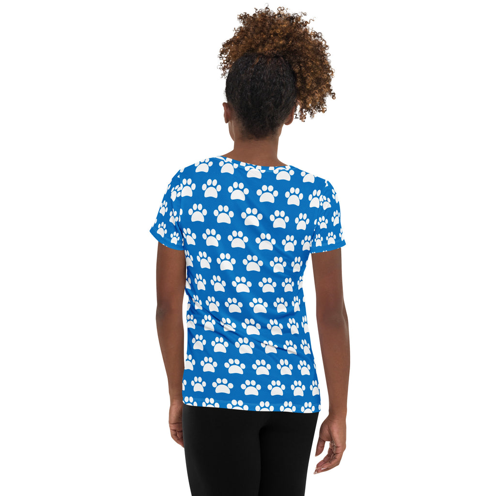 Women’s Royal Blue Paw Print Athletic T-Shirt - Lightweight Moisture Wicking Workout Top With UPF 50+