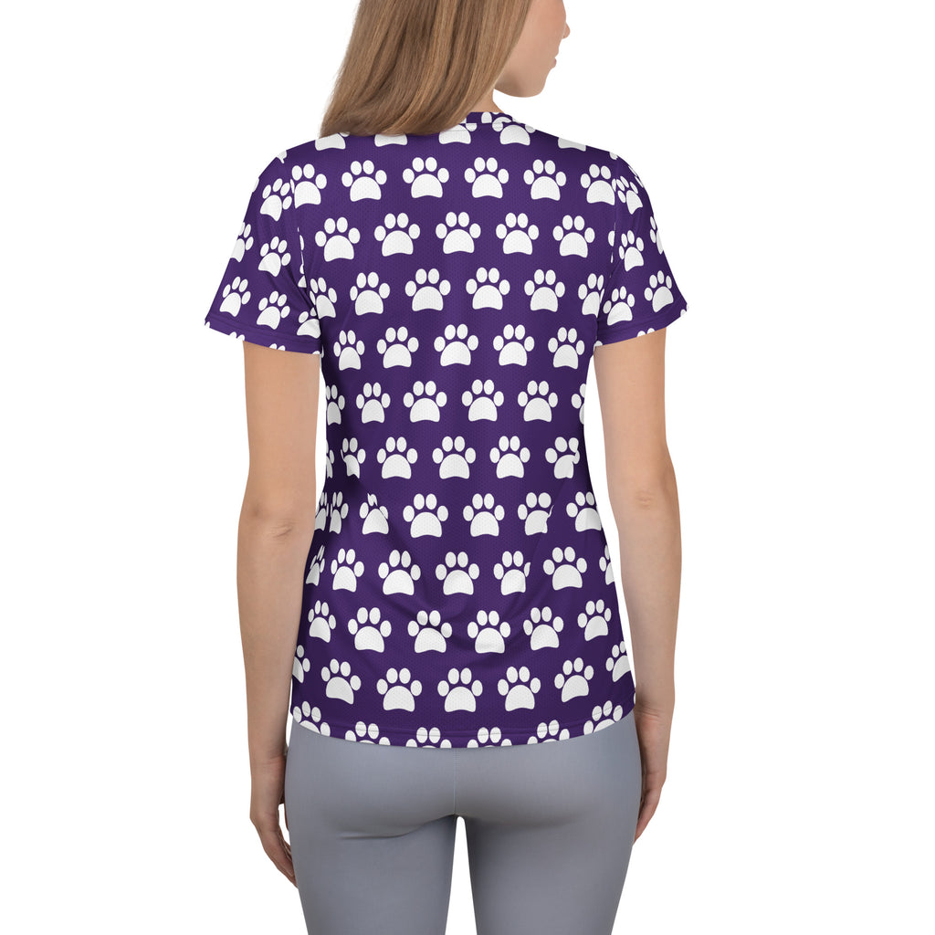 Women’s Dark Purple Paw Print Athletic T-Shirt - Lightweight Moisture Wicking Workout Top With UPF 50+