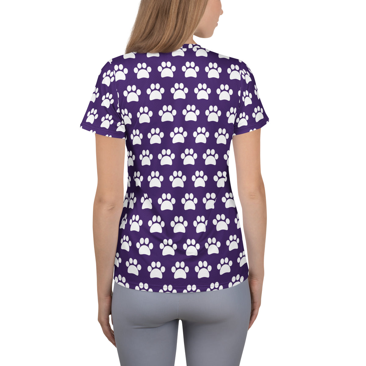 Women’s Dark Purple Paw Print Athletic T-Shirt - Lightweight Moisture Wicking Workout Top With UPF 50+