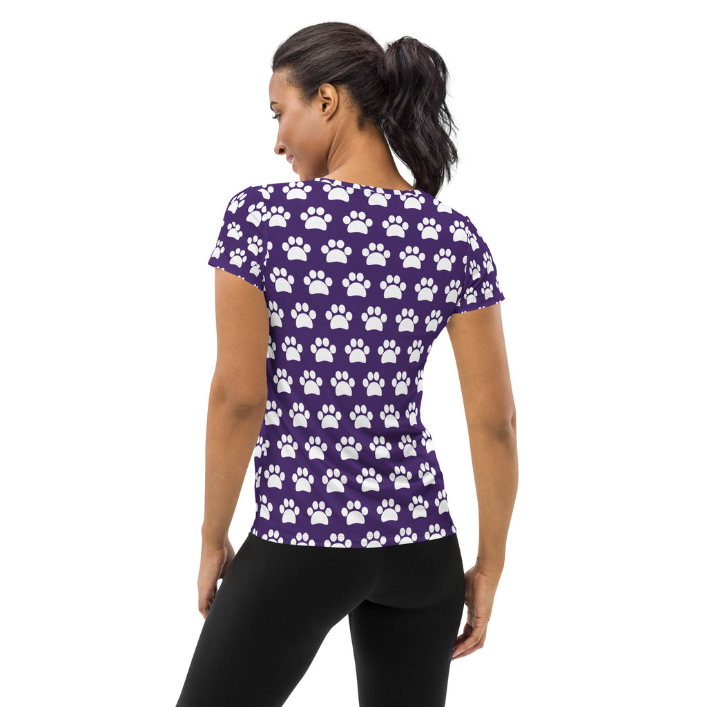 Women’s Dark Purple Paw Print Athletic T-Shirt - Lightweight Moisture Wicking Workout Top With UPF 50+