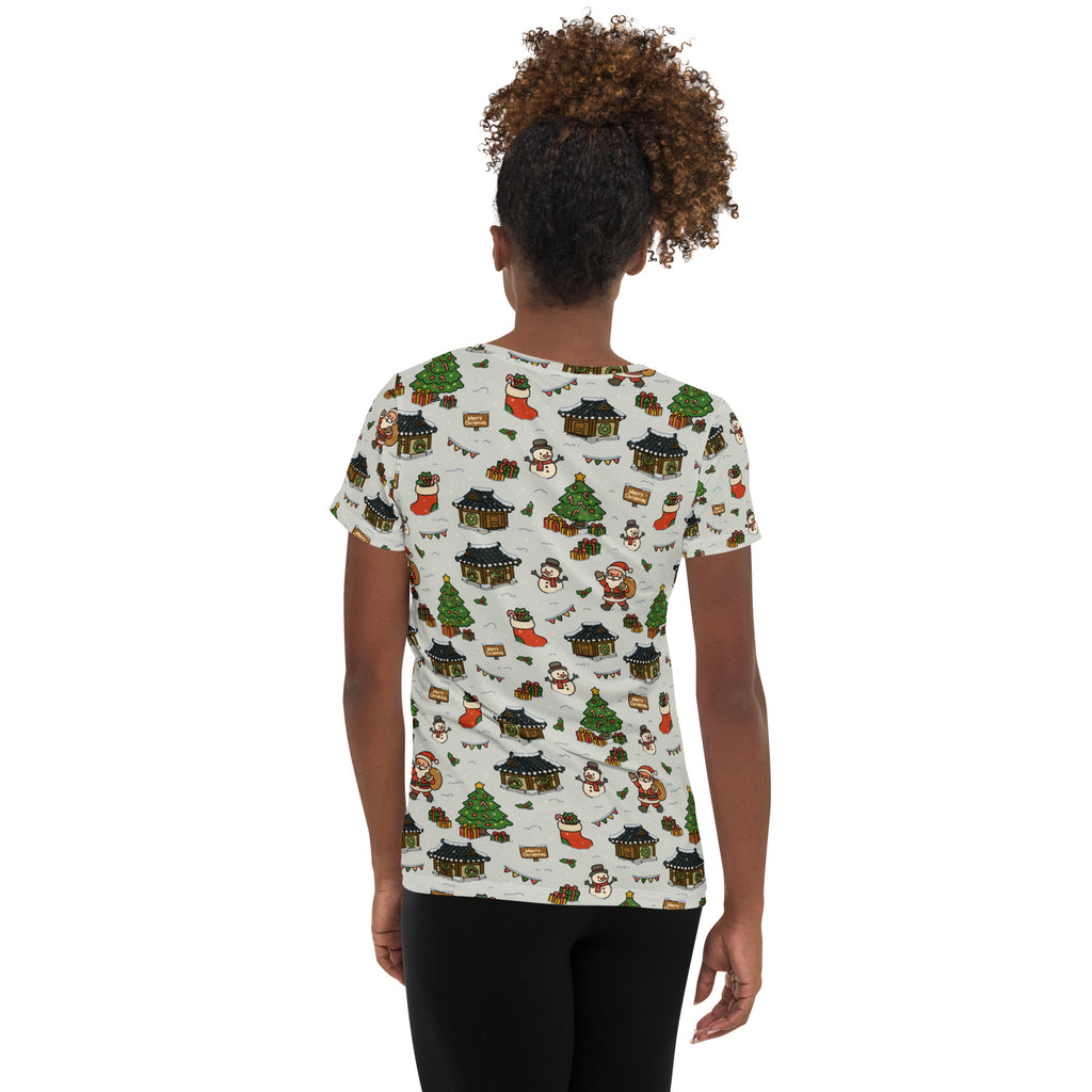 Women’s Christmas Village Athletic T-Shirt - Lightweight Moisture Wicking Workout Top With UPF 50+