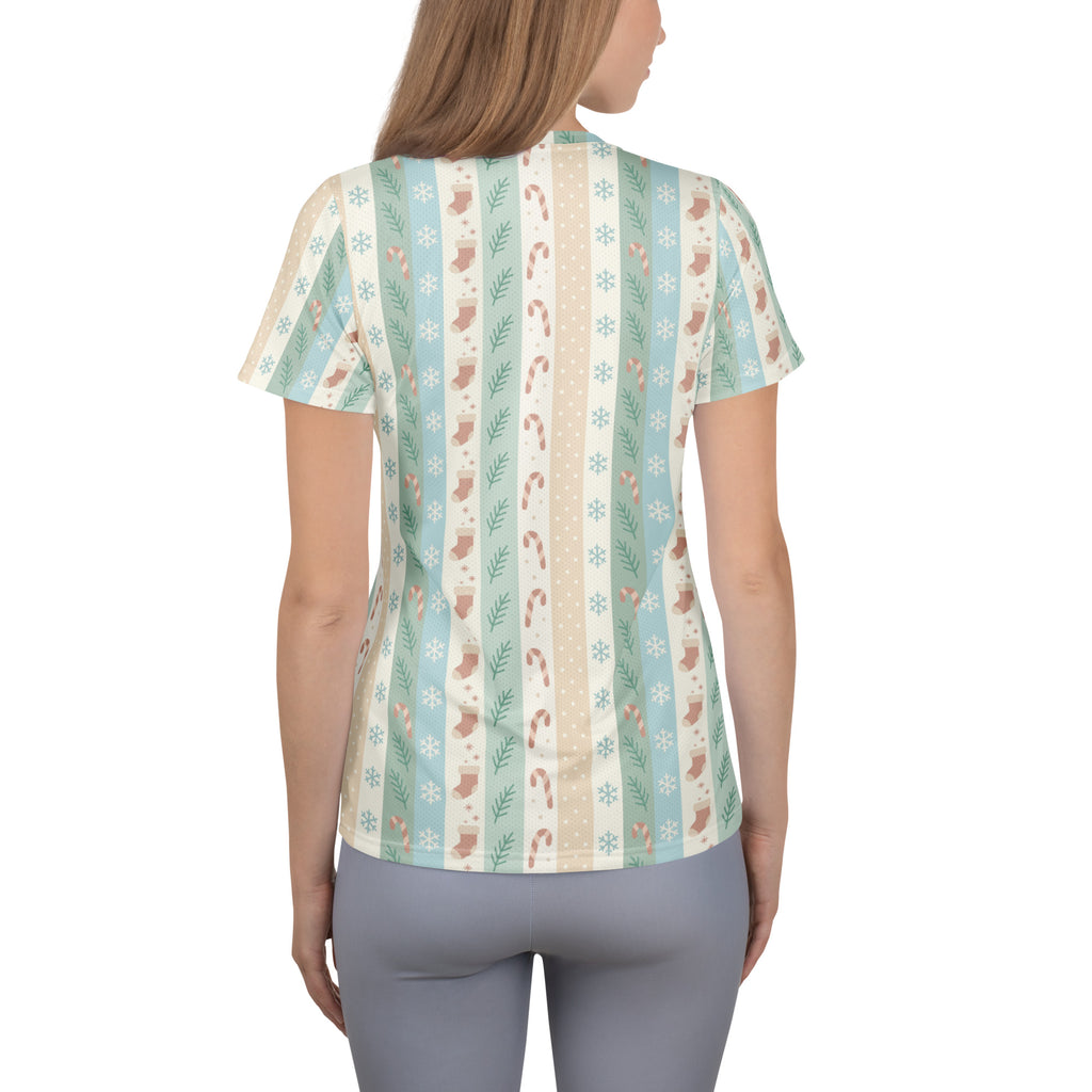 Women’s Striped Pastel Christmas Athletic T-Shirt - Lightweight Moisture Wicking Workout Top With UPF 50+