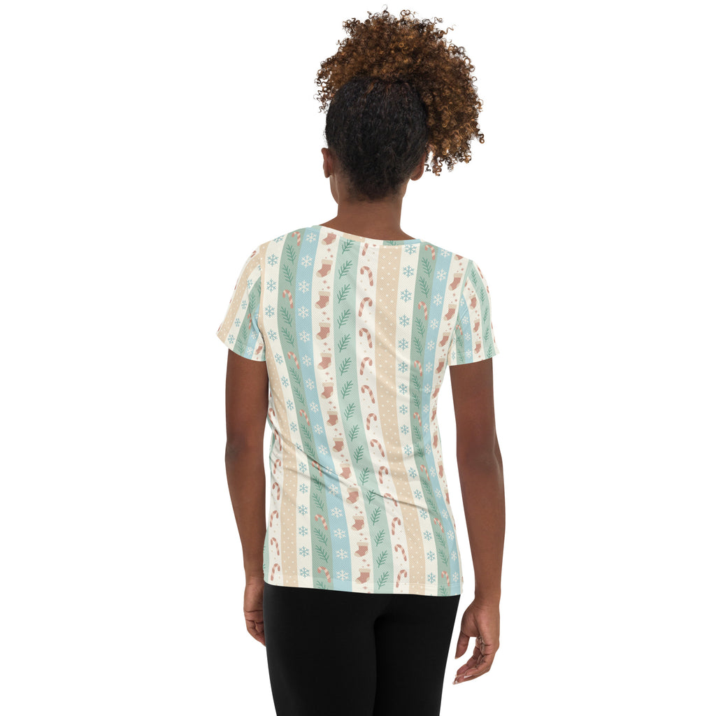 Women’s Striped Pastel Christmas Athletic T-Shirt - Lightweight Moisture Wicking Workout Top With UPF 50+
