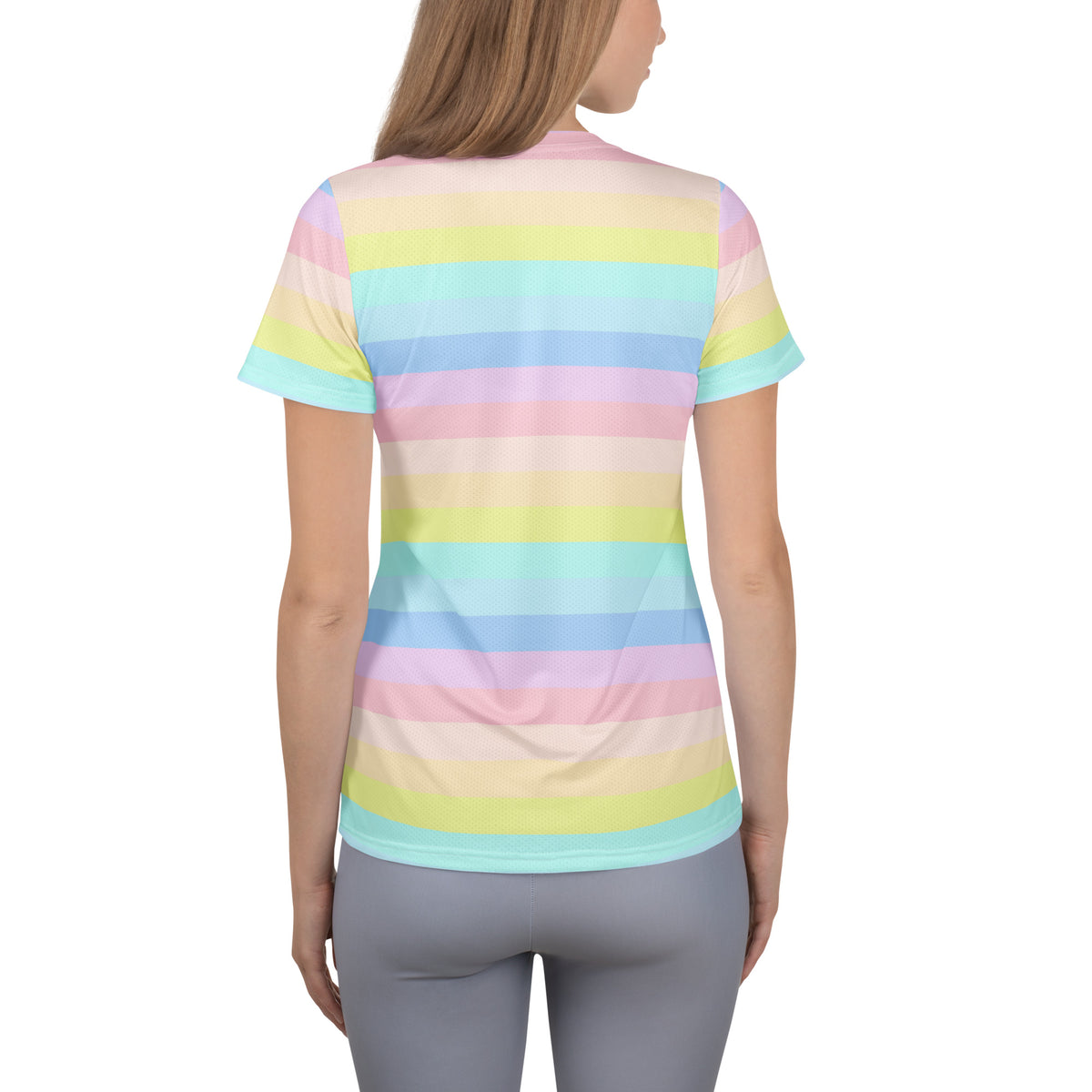Women’s Pastel Rainbow Stripe Athletic T-Shirt - Lightweight Moisture Wicking Workout Top With UPF 50+