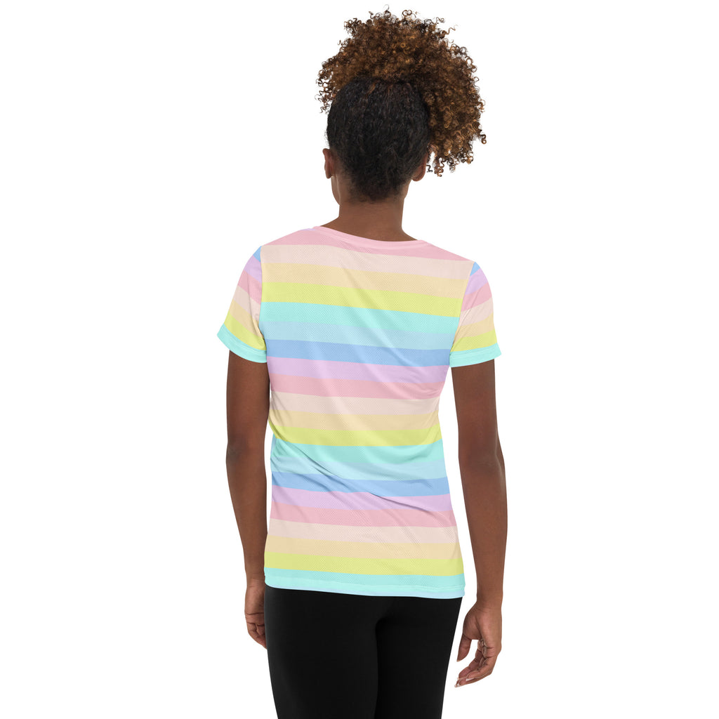 Women’s Pastel Rainbow Stripe Athletic T-Shirt - Lightweight Moisture Wicking Workout Top With UPF 50+