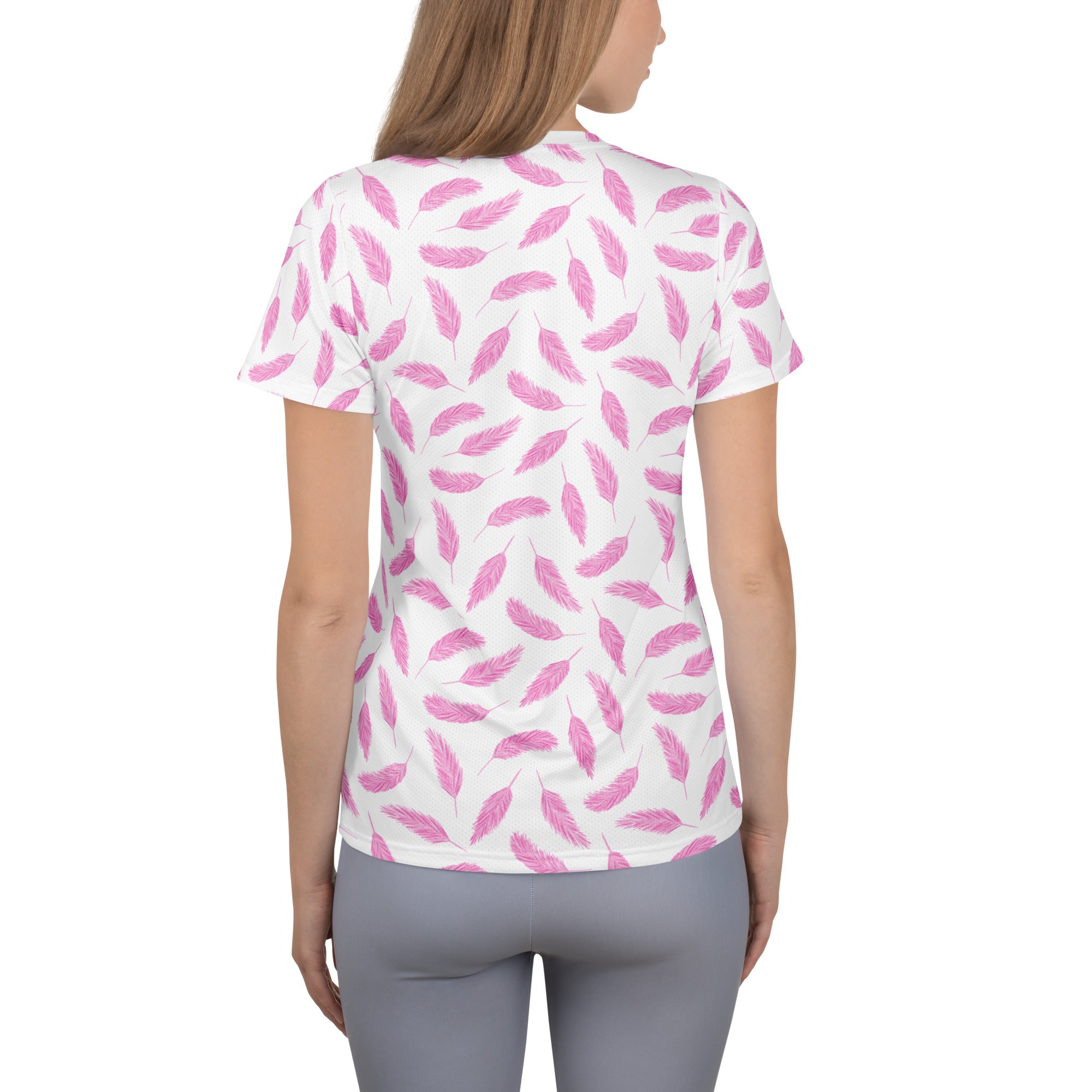 Women’s Pink Feather Athletic T-Shirt - Lightweight Moisture Wicking Workout Top With UPF 50+