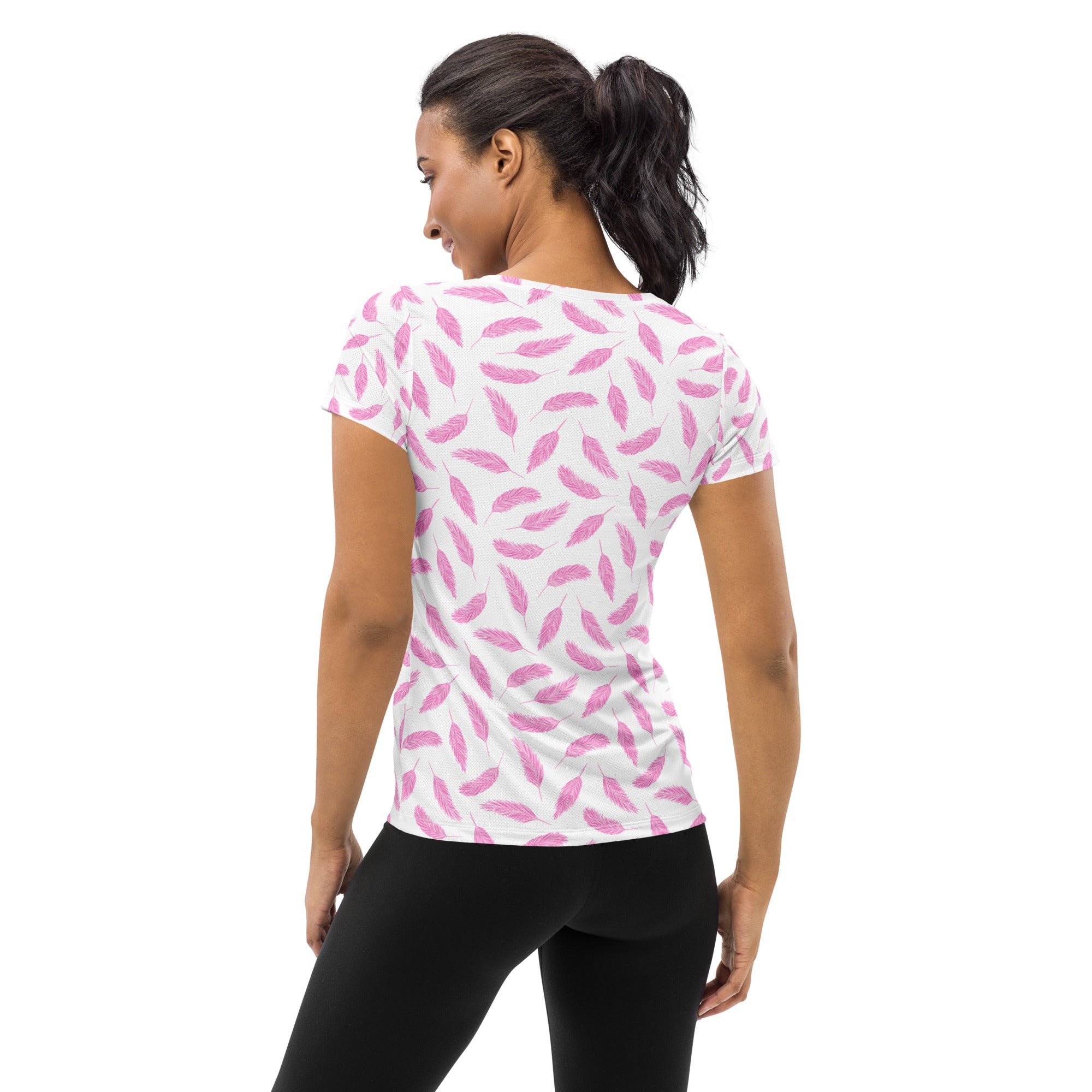 Women’s Pink Feather Athletic T-Shirt - Lightweight Moisture Wicking Workout Top With UPF 50+
