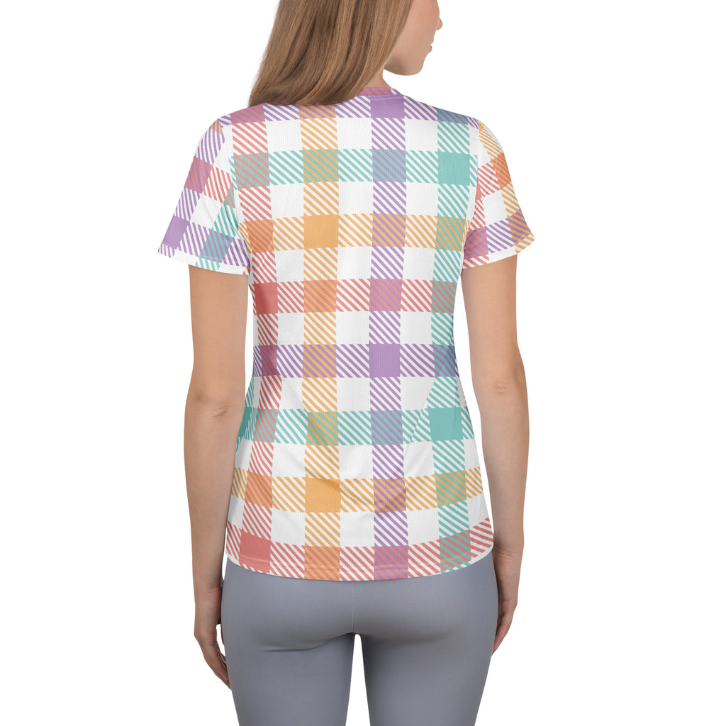 Women’s Pastel Plaid Athletic T-Shirt - Lightweight Moisture Wicking Workout Top With UPF 50+