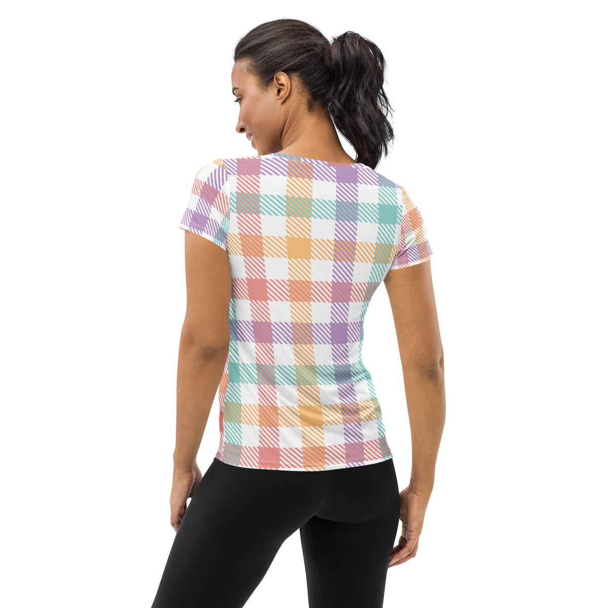 Women’s Pastel Plaid Athletic T-Shirt - Lightweight Moisture Wicking Workout Top With UPF 50+