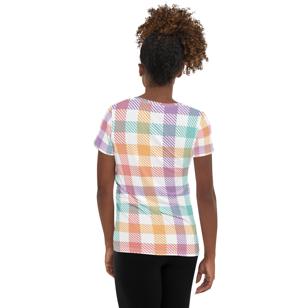 Women’s Pastel Plaid Athletic T-Shirt - Lightweight Moisture Wicking Workout Top With UPF 50+