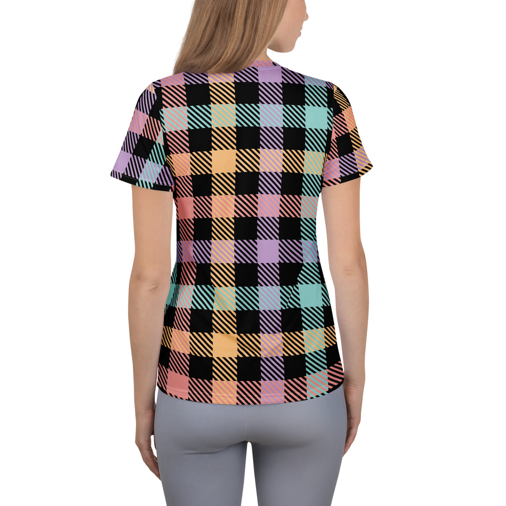 Women’s Black Pastel Plaid Athletic T-Shirt - Lightweight Moisture Wicking Workout Top With UPF 50+