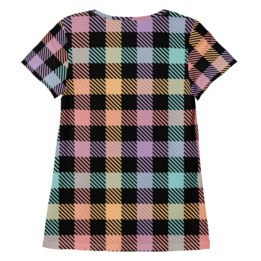 Women’s Black Pastel Plaid Athletic T-Shirt - Lightweight Moisture Wicking Workout Top With UPF 50+