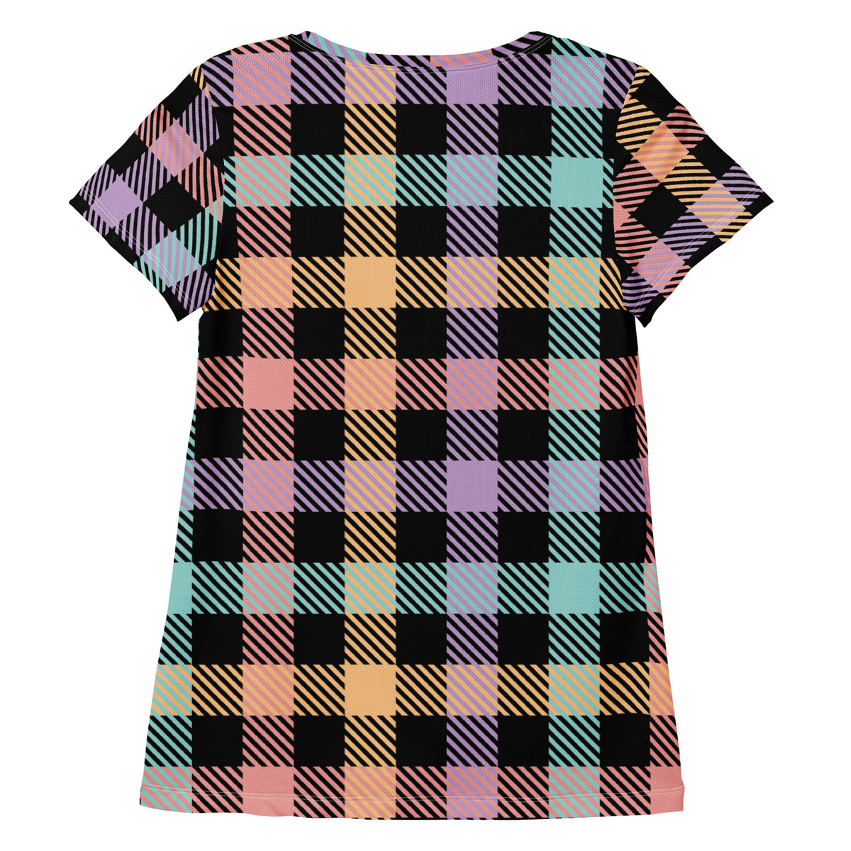 Women’s Black Pastel Plaid Athletic T-Shirt - Lightweight Moisture Wicking Workout Top With UPF 50+