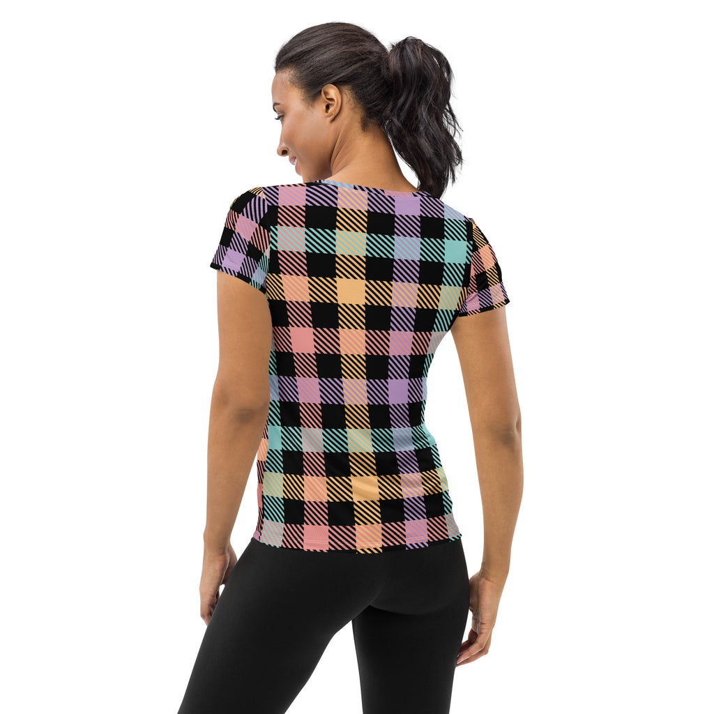 Women’s Black Pastel Plaid Athletic T-Shirt - Lightweight Moisture Wicking Workout Top With UPF 50+