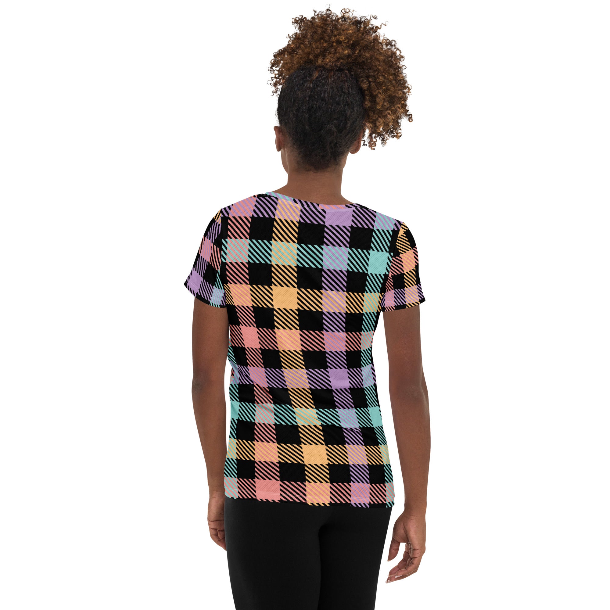 Women’s Black Pastel Plaid Athletic T-Shirt - Lightweight Moisture Wicking Workout Top With UPF 50+