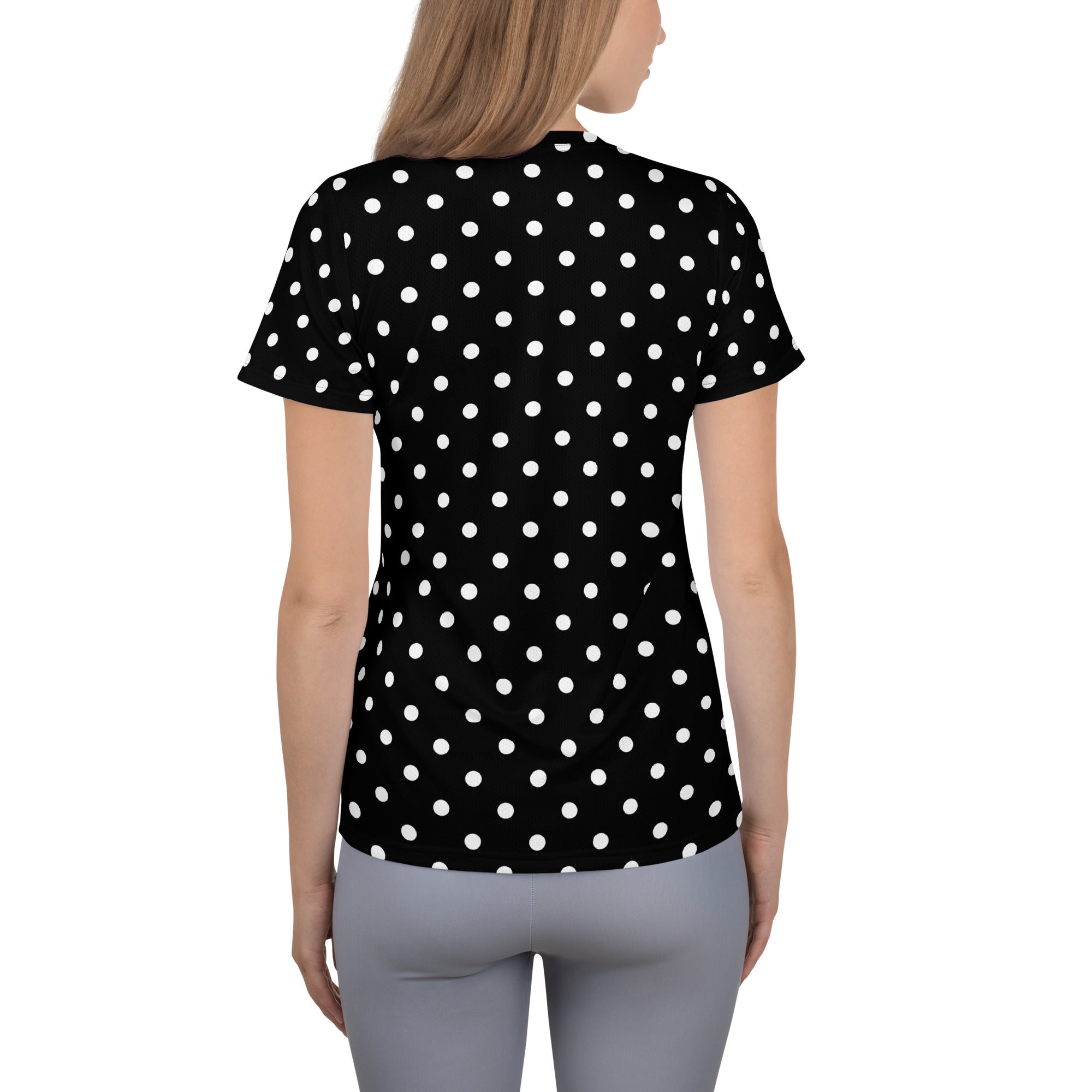 Women’s Black Polka Dot Athletic T-Shirt - Lightweight Moisture Wicking Workout Top With UPF 50+