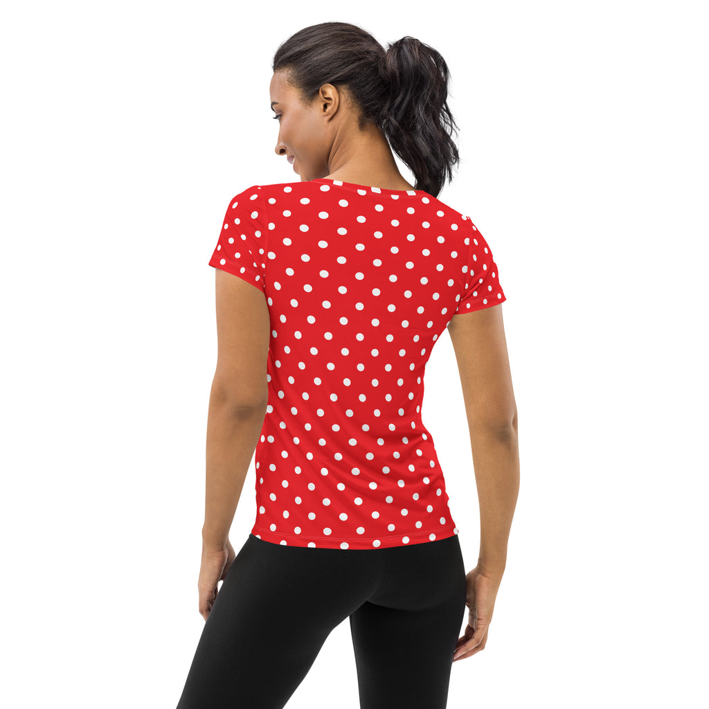 Women’s Red Polka Dot Athletic T-Shirt - Lightweight Moisture Wicking Workout Top With UPF 50+