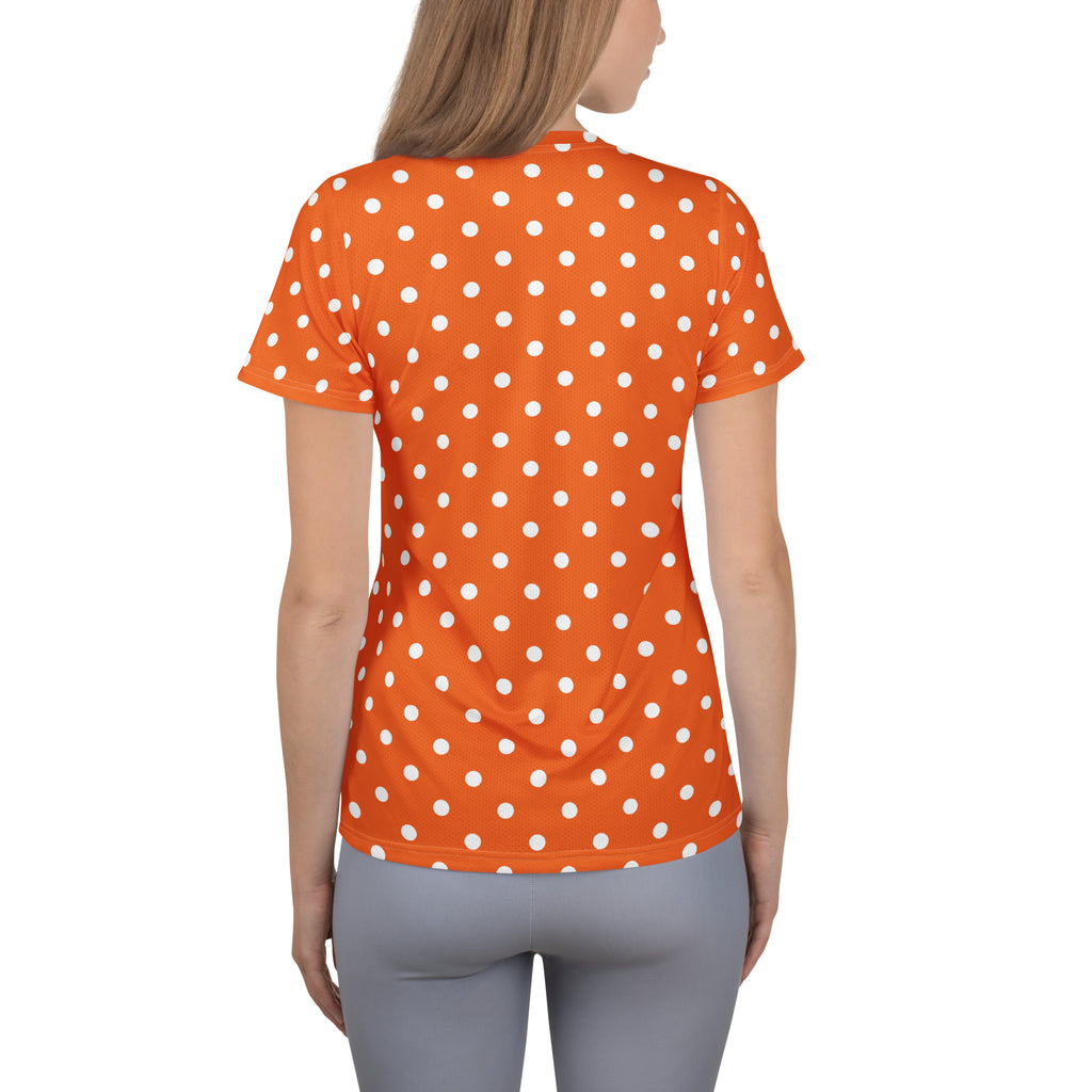 Women’s Orange Polka Dot Athletic T-Shirt - Lightweight Moisture Wicking Workout Top With UPF 50+