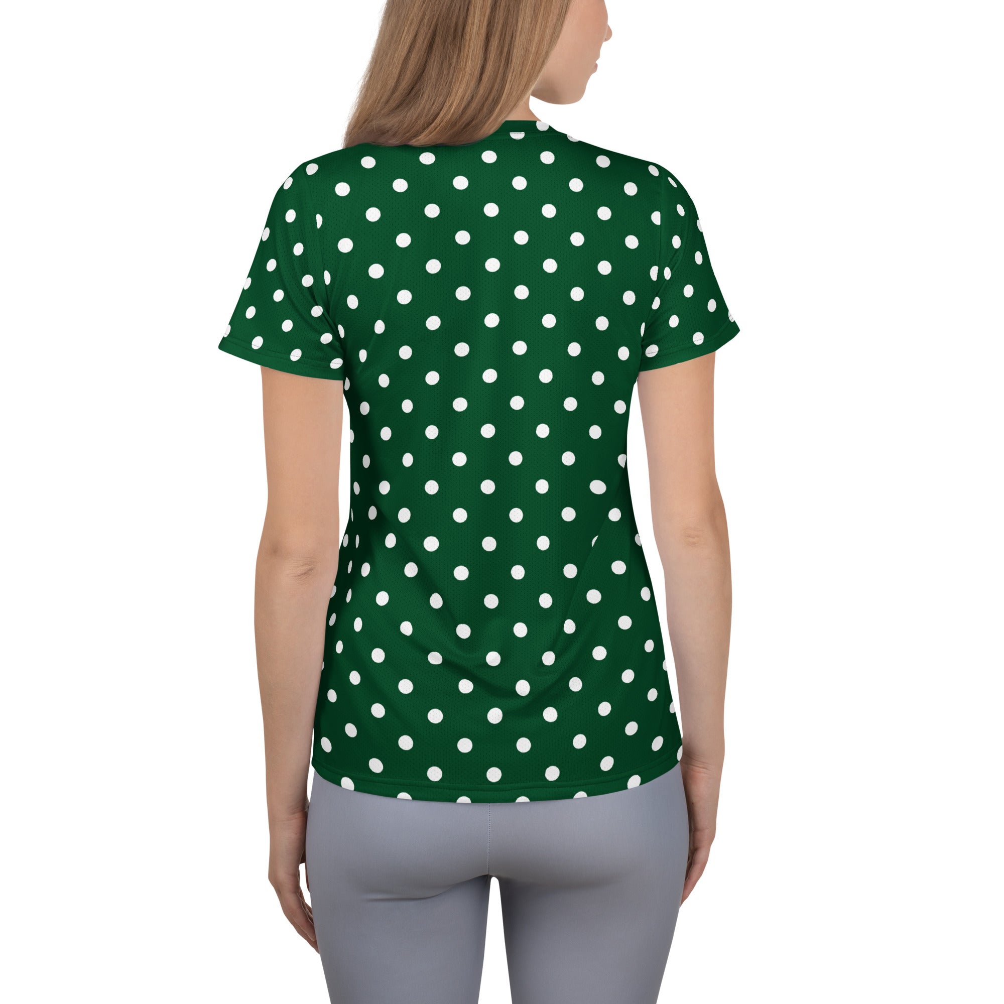 Women’s Forest Green Polka Dot Athletic T-Shirt - Lightweight Moisture Wicking Workout Top With UPF 50+