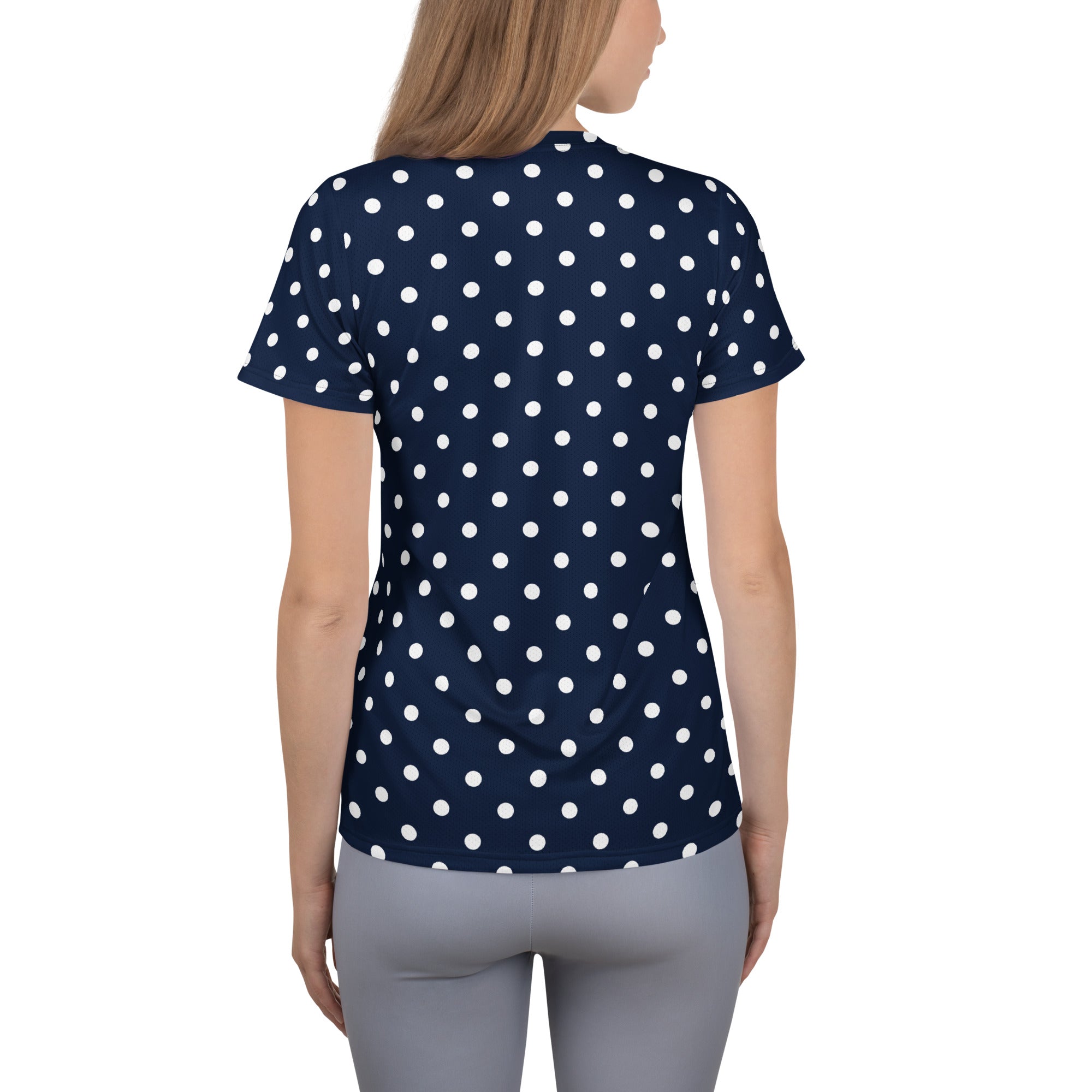 Women’s Navy Blue Polka Dot Athletic T-Shirt - Lightweight Moisture Wicking Workout Top With UPF 50+