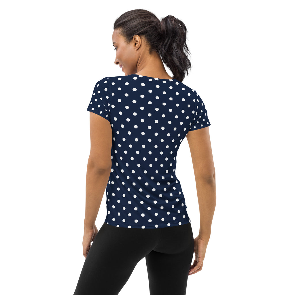 Women’s Navy Blue Polka Dot Athletic T-Shirt - Lightweight Moisture Wicking Workout Top With UPF 50+