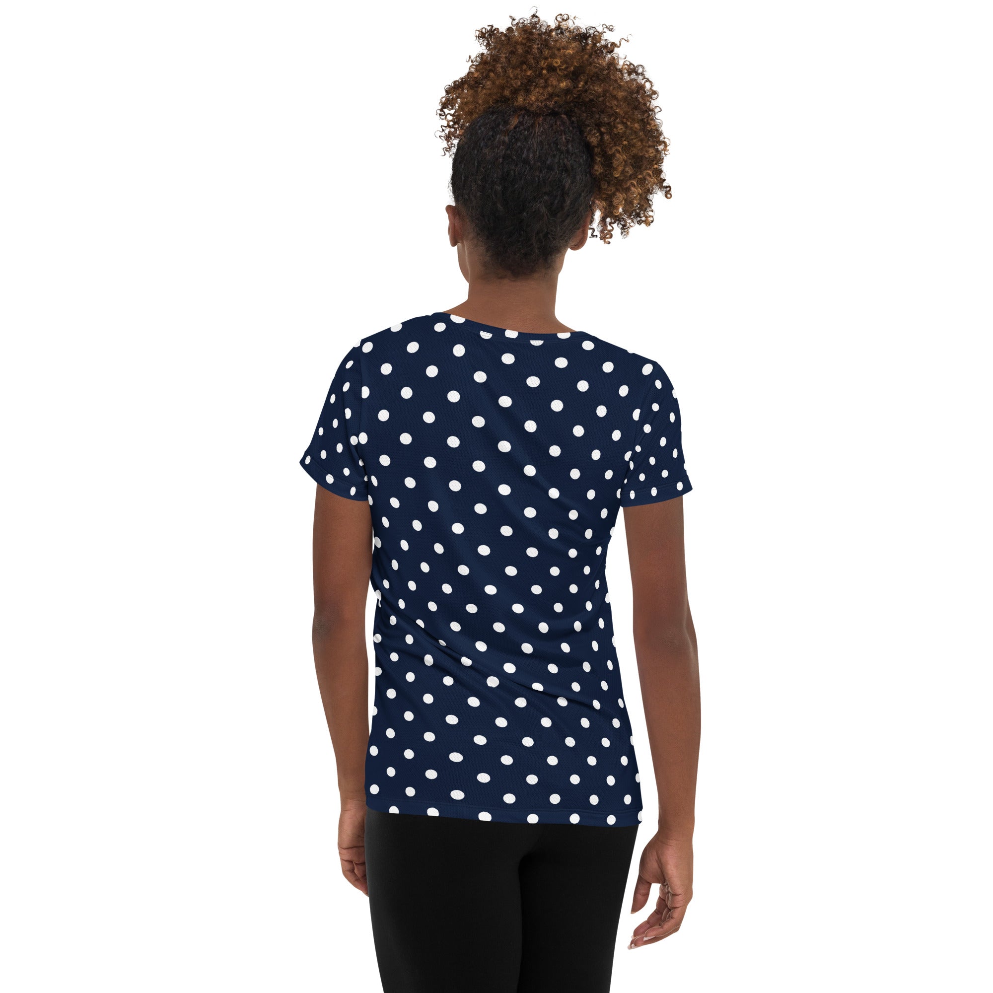 Women’s Navy Blue Polka Dot Athletic T-Shirt - Lightweight Moisture Wicking Workout Top With UPF 50+