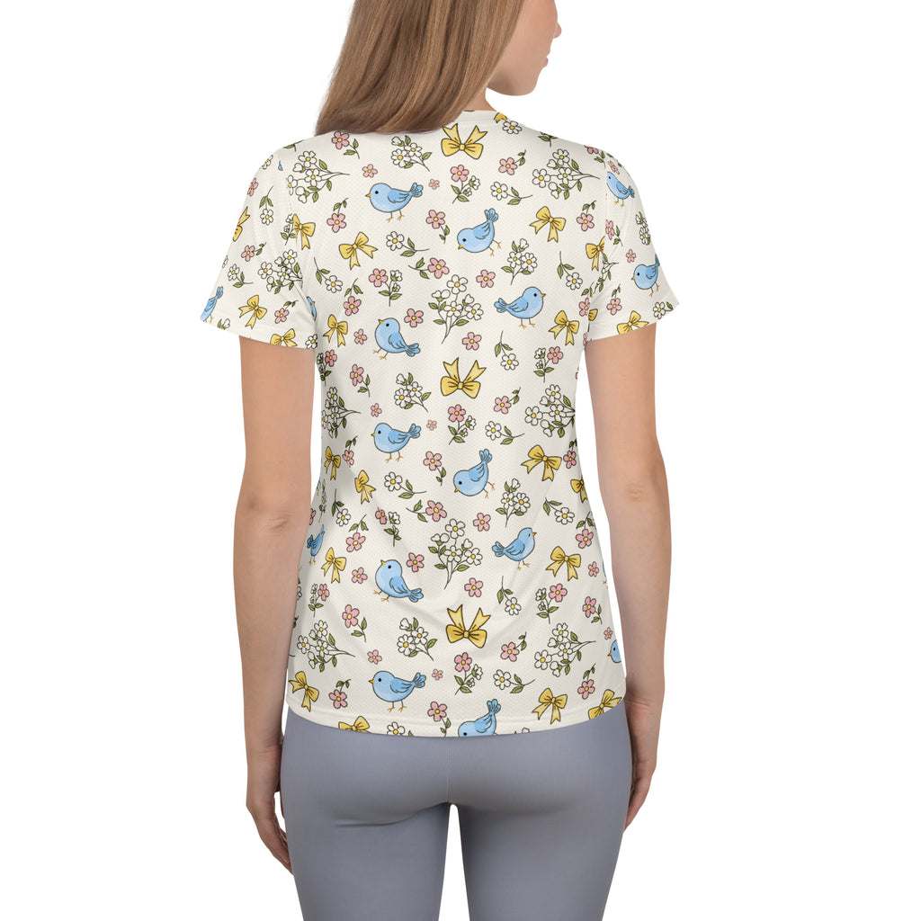 Women’s Blue Bird & Wildflower Athletic T-Shirt - Lightweight Moisture Wicking Workout Top With UPF 50+