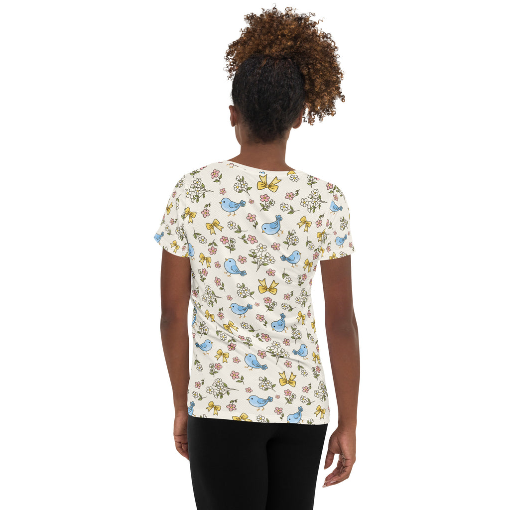 Women’s Blue Bird & Wildflower Athletic T-Shirt - Lightweight Moisture Wicking Workout Top With UPF 50+