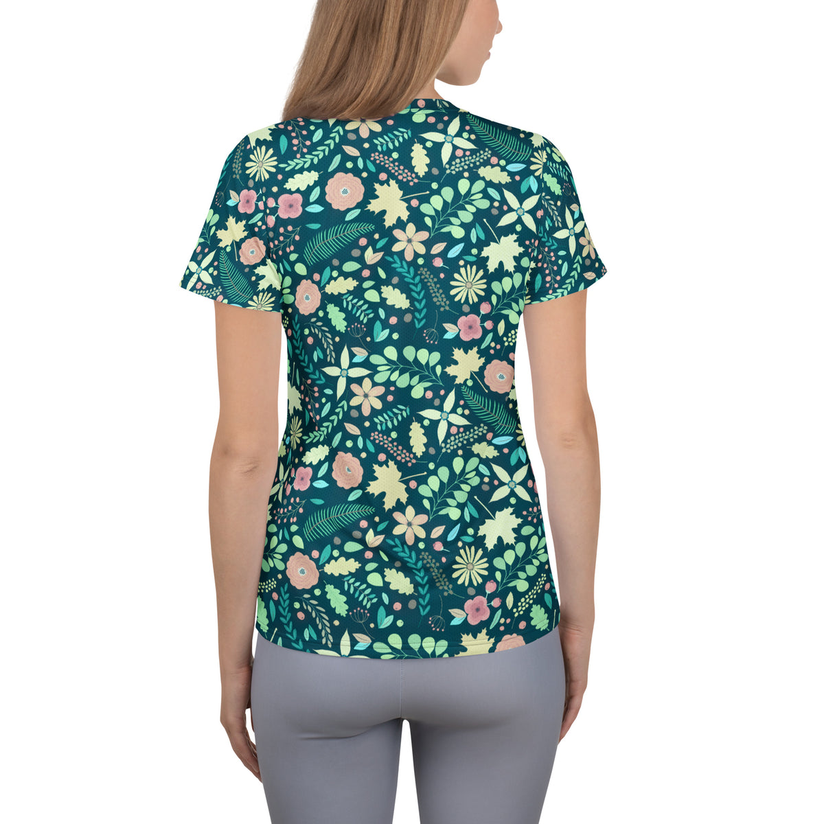 Women’s Teal Floral Athletic T-Shirt - Lightweight Moisture Wicking Workout Top With UPF 50+