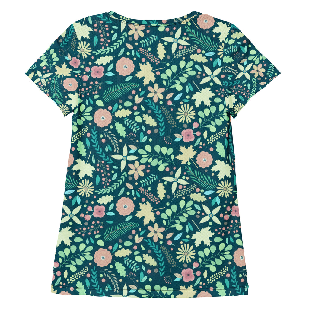 Women’s Teal Floral Athletic T-Shirt - Lightweight Moisture Wicking Workout Top With UPF 50+